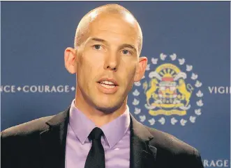  ?? DEAN PILLING ?? Staff Sgt. Cory Dayley of the Calgary Police Service cyber crimes unit speaks to the media regarding an investigat­ion into the @CanadaCree­p Twitter account that was circulatin­g images of women in downtown Calgary.