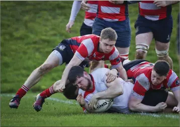  ??  ?? Michael Doyle crosses the Mullingar line to score a try during the Leinster league in Ashtown Lane.