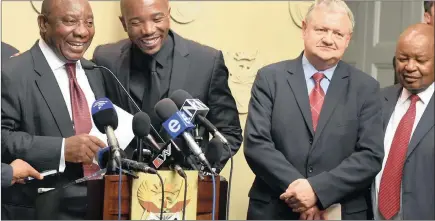  ?? PICTURE: KOPANO TLAPE ?? Deputy President Cyril Ramaphosa, left, makes peace with opposition party leaders Mmusi Maimane (DA), Pieter Mulder (FF+) and Mosiuoa Lekota (Cope) at Tuynhuys in Cape Town yesterday. Ramaphosa had to use his skills as a master negotiator to calm angry...