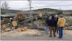  ?? Arkansas Democrat-Gazette/BILL BOWDEN ?? Gov. Asa Hutchinson (facing camera) talks to volunteers who were helping clear trees Sunday after a tornado hit Mountainbu­rg on Friday. Hutchinson toured the tornado damage Sunday morning and praised the emergency response.