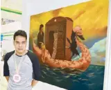  ??  ?? Sangviaje artist Edrick Daniel beside his painting “Layag” (Ang Bakwit at ang Buwitre). His works are compelling visual narratives that stir emotions.