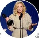  ?? AP ?? Cate Blanchett accepts the award for best actress in Tar at the 28th annual Critics Choice Awards in Los Angeles earlier this month.
