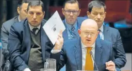  ?? AP ?? Russian envoy to the UN Vassily Nebenzia speaks during a Security Council meeting