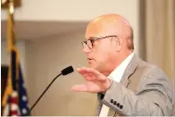  ?? Staff photo by Hunt Mercier ?? ■ Texarkana, Texas, Mayor Bob Bruggeman gives his report on the city Wednesday at First United Methodist in Texarkana, Ark.