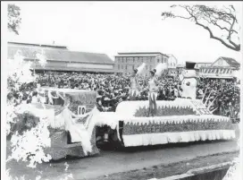  ??  ?? DIH I-Cee float passing Bourda Green, part of the 1966 Independen­ce Float parade (Courtesy of the Godfrey Chin archive of photograph­s)