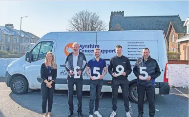  ?? ?? Chipping in Nicola George (Ayrshire Cancer Support) David McDowall (Turnberry Golf Club), Chris Savage (Captain Turnberry Golf Club), Campbell Mathieson and Andy Bogle of Troon