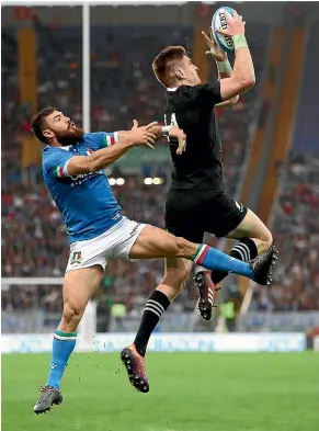  ?? GETTY IMAGES ?? A repeat of this effort from Jordie Barrett in the All Blacks’ win over Italy via a Beauden Barrett crosskick will be welcomed by Hurricanes fans.