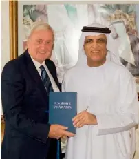  ?? A Soldier in Arabia, —File photo ?? David Neild presents the book written by him to His Highness Shaikh Saud bin Saqr Al Qasimi, Member of Supreme Council and Ruler of RAK.