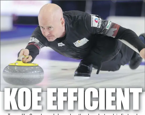  ??  ?? MIKE HENSEN/POSTMEDIA NETWORK Kevin Koe’s team is 25-2 this season when it starts with the hammer.