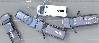  ??  ?? An aerial view of the final positions of the suspect’s car and four police vehicles at Departure Bay ferry terminal in Nanaimo after a fatal shooting. AP (affected person) is the suspect’s car. The numbers represent the seven police officers who were involved in the arrest attempt on May 8.