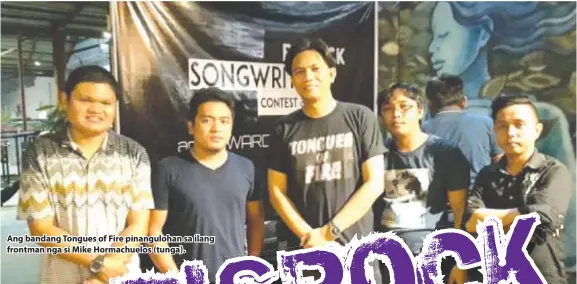  ??  ?? Ang bandang Tongues of Fire pinanguloh­an sa ilang frontman nga si Mike Hormachuel­os (tunga).