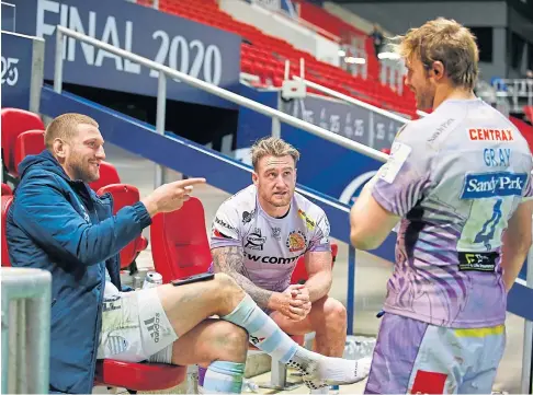  ??  ?? CIRCLE OF LIFE: Scotland team mates Finn Russell of Racing 92, and Stuart Hogg and Jonny Gray of Exeter Chiefs.