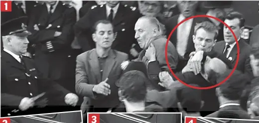  ??  ?? 1
1. At the 1962 Ridley Road riot, as Oswald Mosley is grabbed by protesters his son Max (circled) violently forces a man’s head backwards. 2. Seconds later, Max turns to confront an opponent. 3. His right fist swings forward. 4. It flies past a...