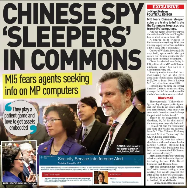  ?? ?? INFLUENCE: With Mr Corbyn
DONOR: Ms Lee with MP Barry Gardiner and, below, MI5 alert