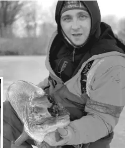  ?? PROVIDED ?? Luis Gonzalez with his 52-inch muskie, which he caught while ice fishing Jan. 12 in Lake County. It proved to be a tight fit for Gonzalez to pull his catch through the 8-inch hole (left).