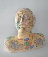  ?? ESKER FOUNDATION ?? BELOW Jessie Kenalogak(b. 1951 Qamani’tuaq) John Kurok (b. 1977 Kangiqlini­q) —Ceramic Bust with Drawings c. 2012–13Painted ceramic45.7 × 40.6 × 27.9 cm