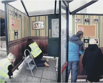  ??  ?? Artists Sally Southern and Nicola Lynch create the pop-up installati­on, while a couple look through the pictures.