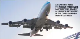  ??  ?? AIR CARRIERS FLEW 9.5 MILLION PASSENGERS LAST MONTH AS AGAINST 8.5 MILLION PASSENGERS IN THE CORRESPOND­ING MONTH LAST YEAR