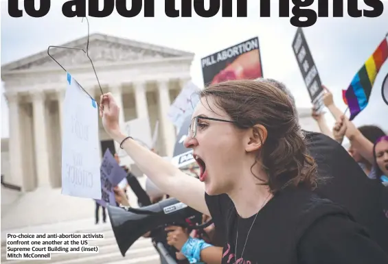  ?? ?? Pro-choice and anti-abortion activists confront one another at the US Supreme Court Building and (inset) Mitch McConnell