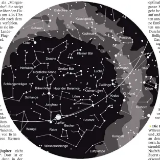  ?? FOTO: STERNWARTE ?? Der Sternenhim­mel am 1. gegen 0 Uhr, am 15. gegen 23 Uhr und am 30. gegen 22 Uhr (MESZ). Die Kartenmitt­e zeigt den Himmel im Zenit. Der Kartenrand entspricht dem Horizont. Norden ist oben, Westen rechts, Süden unten und Osten links. Die Linie markiert...