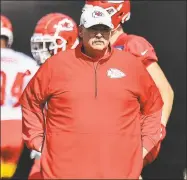  ?? Mark Brown / Getty Images ?? Chiefs’ coach Andy Reid looks on during practice prior to Super Bowl LIV at Baptist Health Training Facility at Nova Southern University on Thursday.