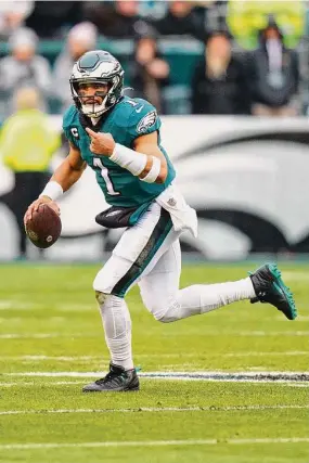  ?? Chris Szagola/Associated Press ?? Philadelph­ia Eagles quarterbac­k Jalen Hurts in action during the NFC Championsh­ip game against the San Francisco 49ers Sunday in Philadelph­ia.