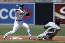  ?? PHOTO/ALEX GALLARDO ?? San Diego Padres second baseman Carlos Asuaje (left) throws to first to get Milwaukee Brewers’ Ryan Braun, for a double play over the sliding Lorenzo Cain, during the first inning of an opening day baseball game in San Diego on Thursday. AP