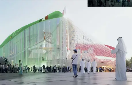  ??  ?? VERSO IL FUTURO. a sinistra: il Padiglione Italia all’Expo 2020 Dubai. Tema del padiglione è “La bellezza unisce le persone”. sopra: l’ingresso della sezione Sipari digitali. in alto: scienza e tecnologia, trattate in modo coinvolgen­te e immersivo, sono protagonis­te negli ambienti del Padiglione Italia.