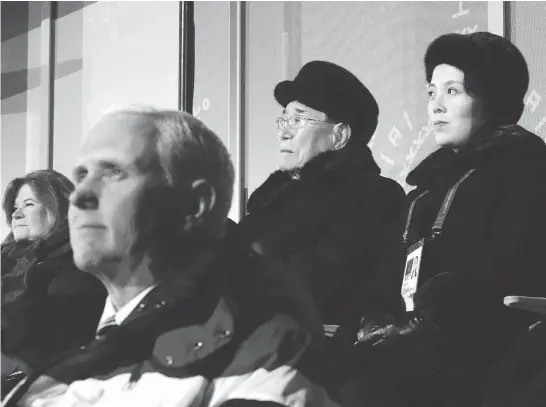  ?? PATRICK SEMANSKY / THE ASSOCIATED PRESS ?? Kim Yo Jong, top right, sister of North Korean leader Kim Jong Un, sits alongside the regime’s nominal head of state Kim Yong Nam, and behind U.S. Vice-President Mike Pence as she watches the opening ceremony of the Winter Olympics in Pyeongchan­g,...