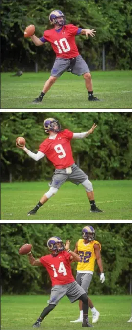  ?? PETE BANNAN — DIGITAL FIRST MEDIA ?? From top, West Chester University quarterbac­ks Pat Dooley, A.J. Long and Pat Moriarity throw passes during practice earlier this month. The trio is battling it out for the starting job as the August 31 opener approaches.