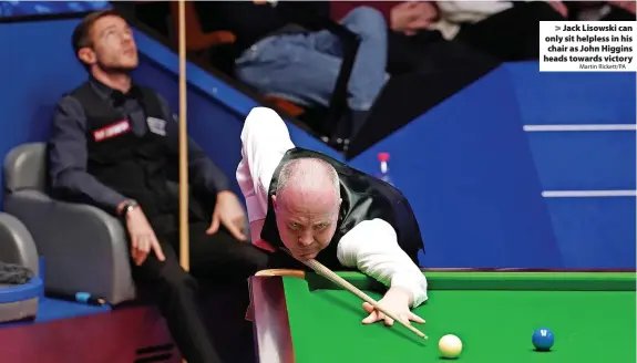  ?? Martin Rickett/PA ?? Jack Lisowski can only sit helpless in his chair as John Higgins heads towards victory