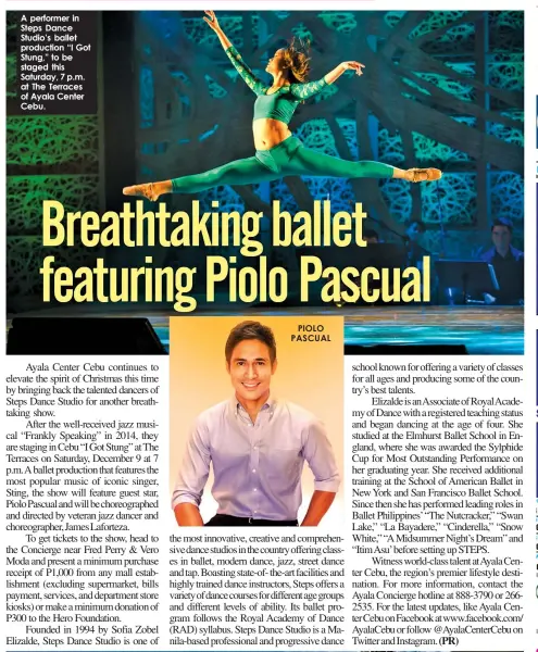  ??  ?? A performer in Steps Dance Studio’s ballet production “I Got Stung,” to be staged this Saturday, 7 p.m. at The Terraces of Ayala Center Cebu.
PIOLO PASCUAL