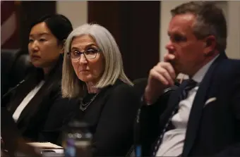  ?? NANCY LANE — BOSTON HERALD ?? Sen, Cindy Friedman and Rep. John Lawn, co-chairs of the Joint Committee on Health Care Financing, listen to testimony during an oversight hearing.