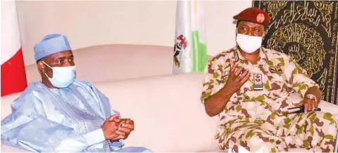  ??  ?? Sokoto State Governor, Aminu Tambuwal ( left), and Chief of Air Staff ( CAS), Air Marshal Sadique Abubakar in a meeting during the latter’s onthe- spot assessment of the security situation the state… yesterday. PHOTO: NAN