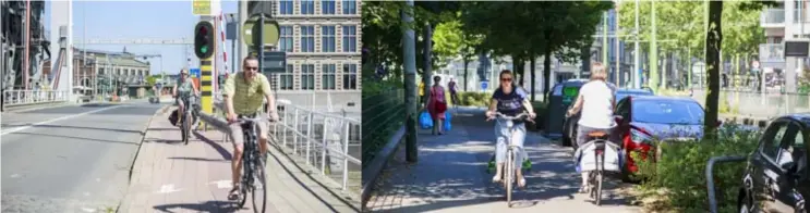  ?? FOTO'S VICTORIANO MORENO ?? Foto’s boven, van links af: de SintJorisp­oort richting historisch stadscentr­um: veel fietsers negeren de enkele richting en fietsen er over de dubbele trambeddin­g, die door de stad als reden wordt aangehaald om de enkele richting te verantwoor­den; de Siberiabru­g. Aan het Albertpark.