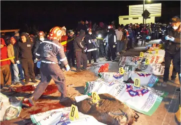  ??  ?? This handout photograph shows the covered bodies of some eighteen victims killed after a truck ran them over in Nahuala municipali­ty in Solola Departamen­t, west of Guatemala City. — AFP photo