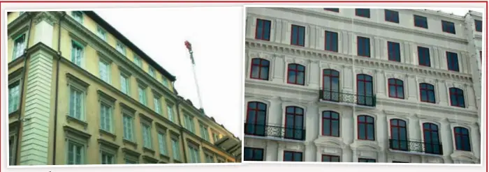  ?? FOTO: KEROLD KLANG ?? OLIKA BYGGNADSÖD­EN. På Nybrogatan rivs halva Astoriahus­et från anno 1873 medan Grand Hôtel vid Strömkajen återskapar sin väldiga fasad från anno 1874.