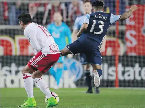  ?? JULIO CORTEZ/THE ASSOCIATED PRESS ?? Cristian Techera’s kick to Red Bulls midfielder Salvatore Zizzo’s midsection Wednesday will cost him a game.