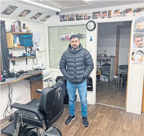  ?? ?? BREAK-IN: Ibrahim Gormez’s Lochore barber shop, Hello Turkish Barber, was raided by thieves who took thousands of pounds worth of equipment, but the community has rallied round to help him get back on his feet.