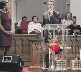  ?? | PROVIDED PHOTO ?? State Sen. Daniel Biss and running mate State Rep. LitesaWall­ace, D- Rockford, speak at a Rockford church on Sunday.