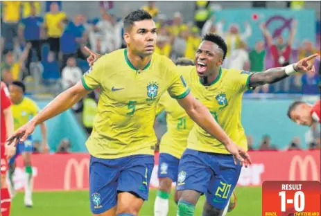  ?? AFP ?? Casemiro celebrates after scoring the winner for Brazil in their Group G match against Switzerlan­d at Stadium 974 on Monday.