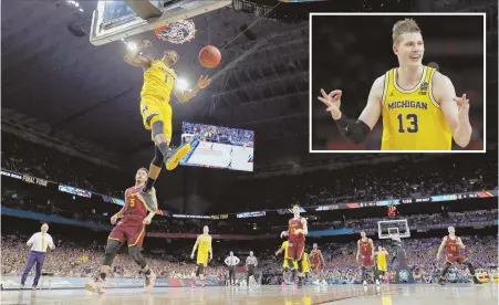  ?? AP PHOTOS ?? FOUR MINUS ONE: Michigan’s Charles Matthews (1) dunks during last night’s national semifinal in San Antonio. Matthews, Moritz Wagner (inset) and the Wolverines came from down double digits to end the Cinderella run of Loyola-Chicago.