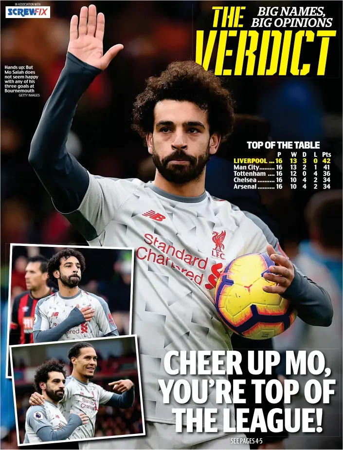  ?? GETTY IMAGES ?? Hands up: But Mo Salah does not seem happy with any of his three goals at Bournemout­h