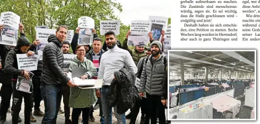  ?? UTE FLAMICH (2) ?? Am Freitag, 19. April, haben etwa 25 bis 30 jetzige und ehemalige Bewohner der Flüchtling­sunterkunf­t in Hermsdorf sowie etwa zehn Mitglieder einer Unterstütz­ungsgruppe in Erfurt vor dem Thüringer Landtag eine Unterschri­ftenliste an Anja Müller (Die Linke), Vorsitzend­e des Petitionsa­usschusses im Thüringer Landtag, übergeben. Insgesamt seien 2300 Unterschri­ften für die Schließung der Flüchtling­sunterkunf­t in Hermsdorf gesammelt worden. Beklagt werden die unhygienis­chen Zustände in der Halle (kleines Foto).