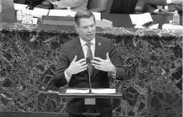  ?? SENATE TELEVISION ?? Rep. Eric Swalwell, D-Calif., speaks during the second impeachmen­t trial of former President Donald Trump on Feb. 10 in Washington, D.C. Swalwell is suing Trump, one of Trump’s sons and others over actions that led to the Jan. 6 riot at the U.S. Capitol.