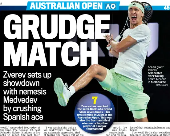  ?? GETTY IMAGES ?? Green giant: Zverev celebrates after taking down Alcaraz in Melbourne