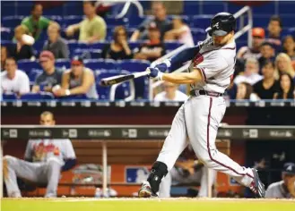  ?? ASSOCIATED PRESS PHOTOS ?? The Atlanta Braves’ Ender Inciarte hits a solo home run during the eighth inning of Wednesday’s game against the Miami Marlins in Miami. The Braves won 5-4.