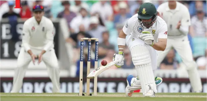  ?? — AP ?? LONDON: South Africa’s Dean Elgar plays a shot off the bowling of England’s Toby Roland-Jones on the fifth day of the third Test match between England and South Africa at The Oval cricket ground in London, yesterday.