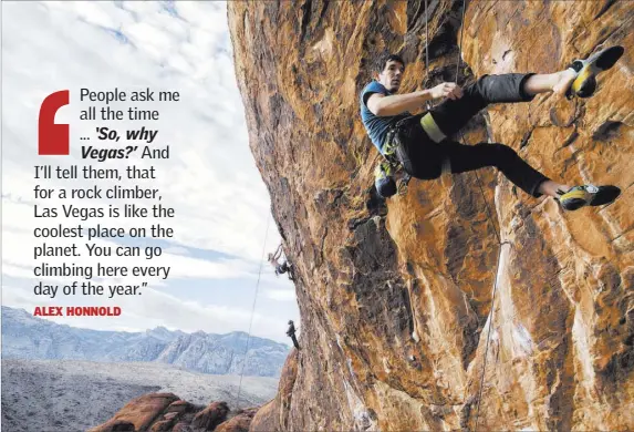  ?? Benjamin Hager Las Vegas Review-Journal ?? Alex Honnold descends The Gallery at Red Rock Canyon on Dec. 17. Honnold climbed the 3,000-foot El Capitan at Yosemite National Park in 2017 without ropes, gear or human support.