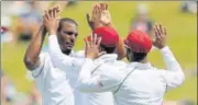  ?? AFP ?? Shannon Gabriel (second left) was the most successful West Indies bowler with figures of 3/79.